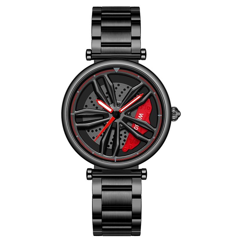 Women Steel Belt Quartz Watch with 3d Hollow out Wheel Design - Silver Red