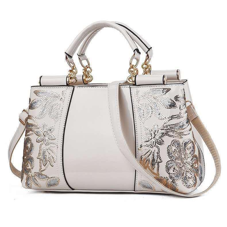Shiny Leather Handbag with Single-sided Embroidery - Rice-White