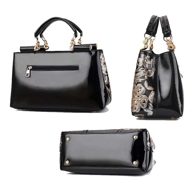 Shiny Leather Handbag with Single-sided Embroidery - Rice-White