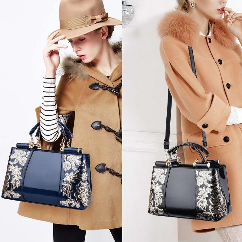Shiny Leather Handbag with Single-sided Embroidery - Rice-White