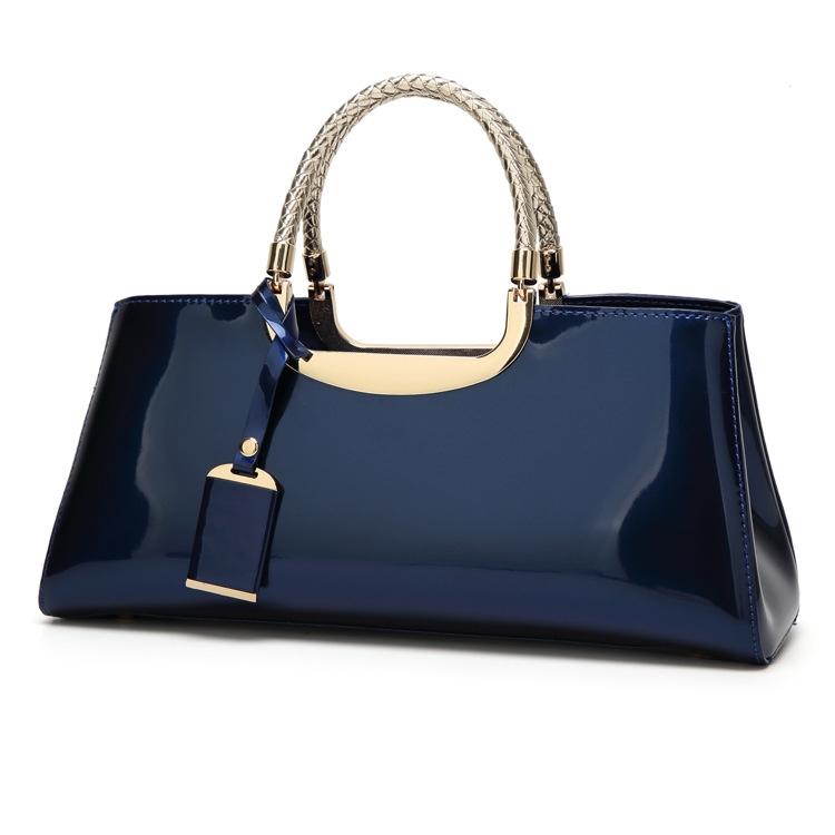 Patent Leather Shoulder Bag for Women - Glue Closure - Blue