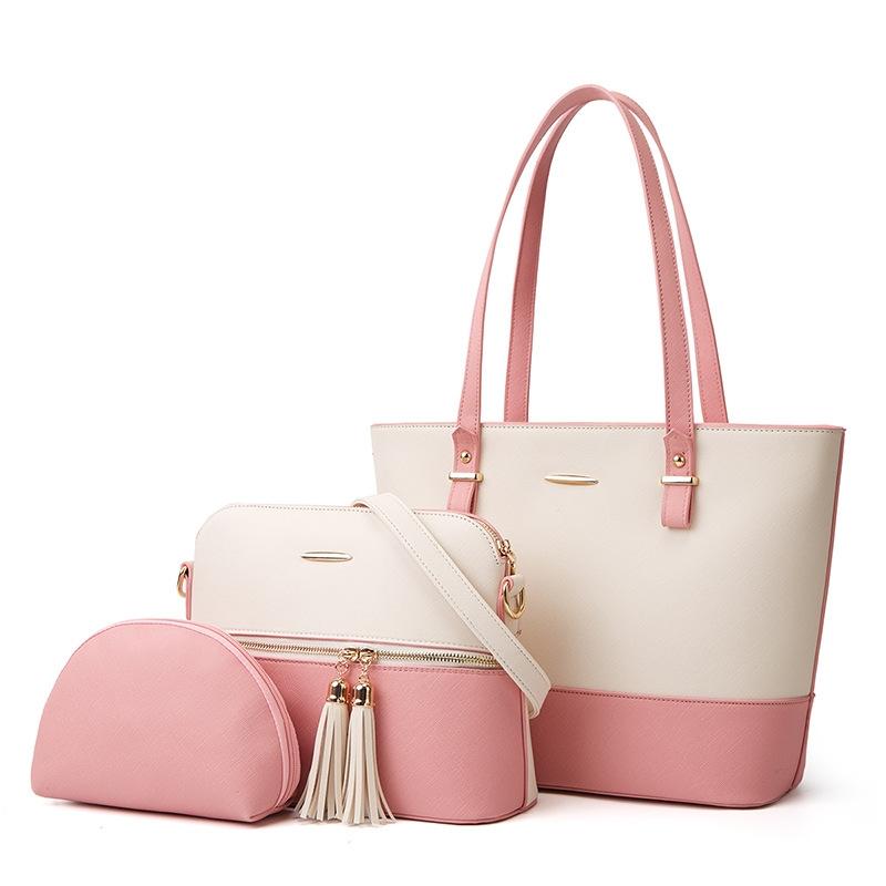 Large Capacity Fashion Handbag with Diagonal Design and Letter Detail - White Pink