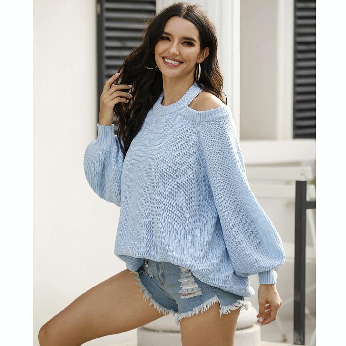 Round-Neck Strapless Heart Hollowing Knit Sweater - Blue Xl