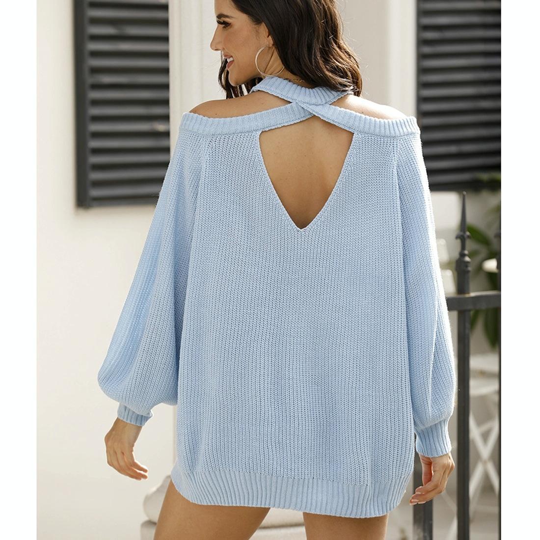 Round-Neck Strapless Heart Hollowing Knit Sweater - Blue Xl