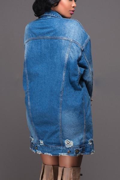 Women Plus Size Mid-Length Ripped Denim Trench Coat Xl