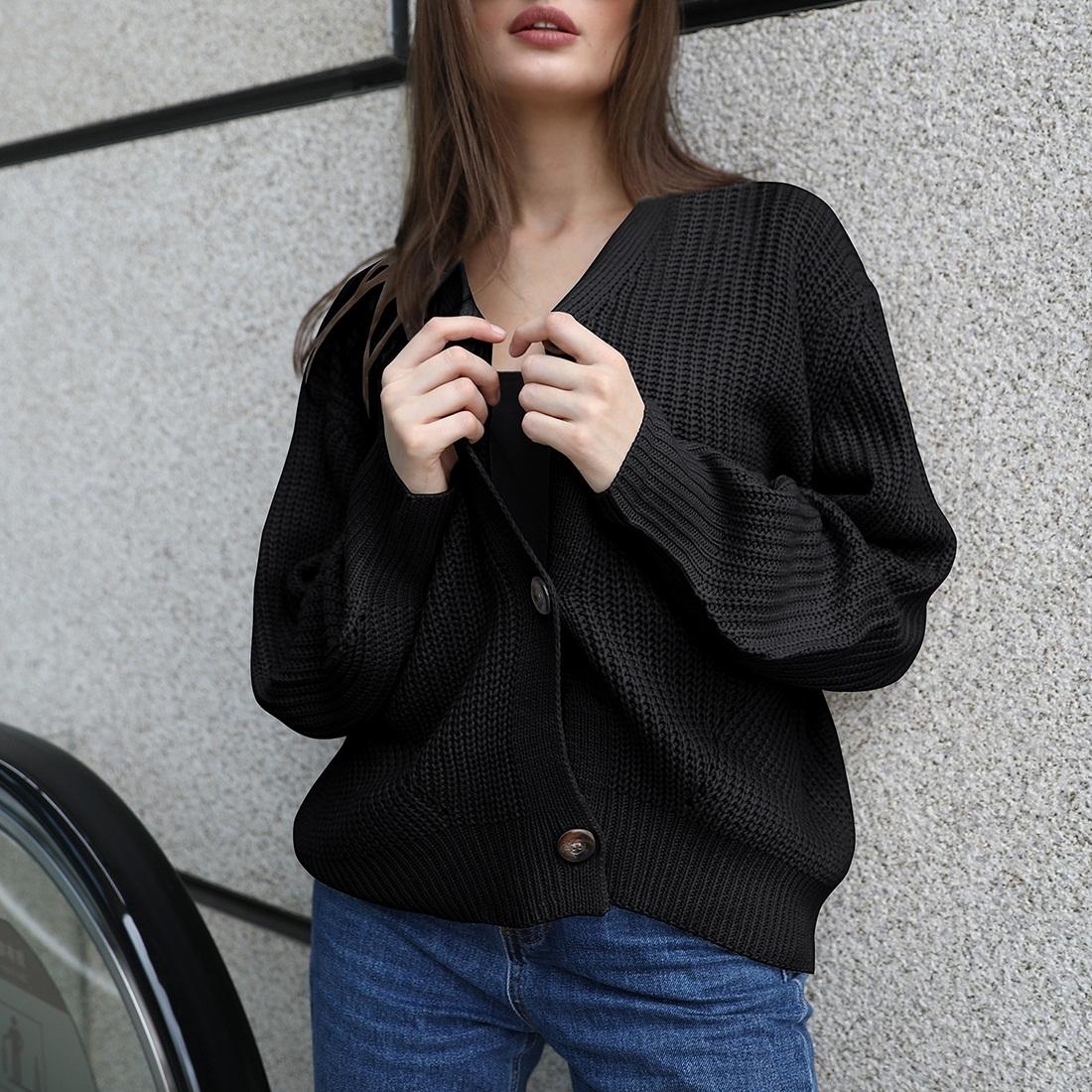 Fashion Cardigan Solid Colour Knit Button Sweater Black - Black Xl
