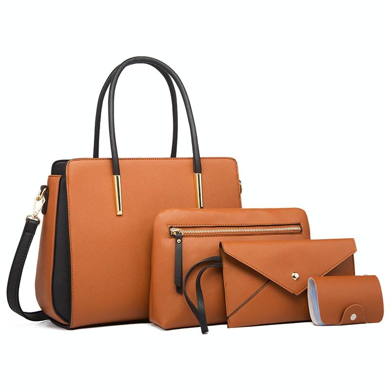 Large Capacity 4-in-1 Messenger Handbag with Fashionable Colour Block Design - Brown