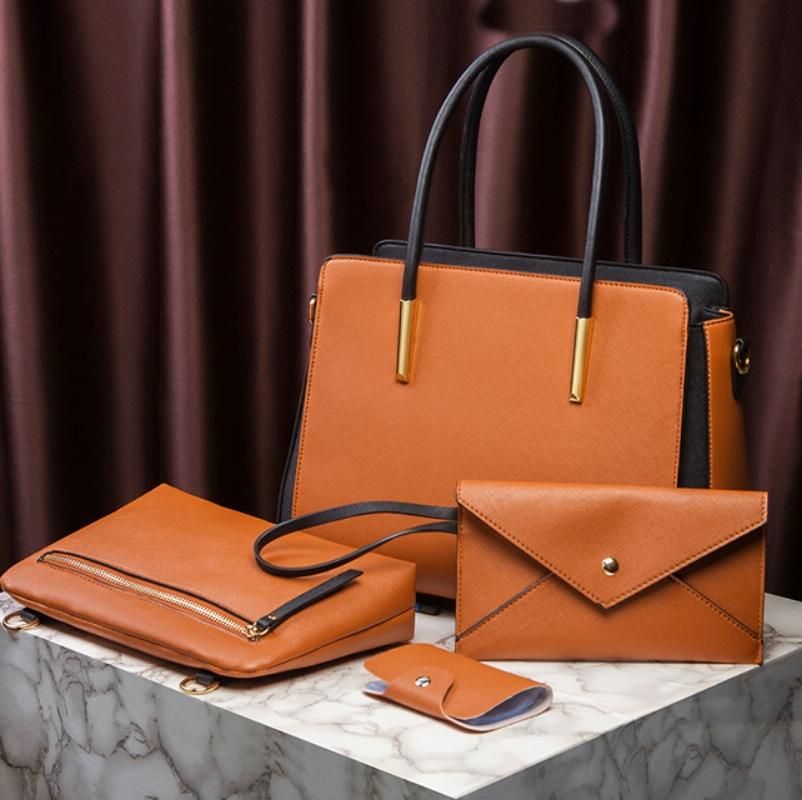 Large Capacity 4-in-1 Messenger Handbag with Fashionable Colour Block Design - Brown