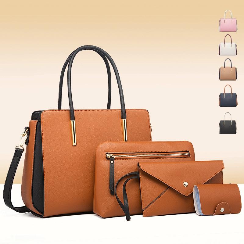 Large Capacity 4-in-1 Messenger Handbag with Fashionable Colour Block Design - Brown