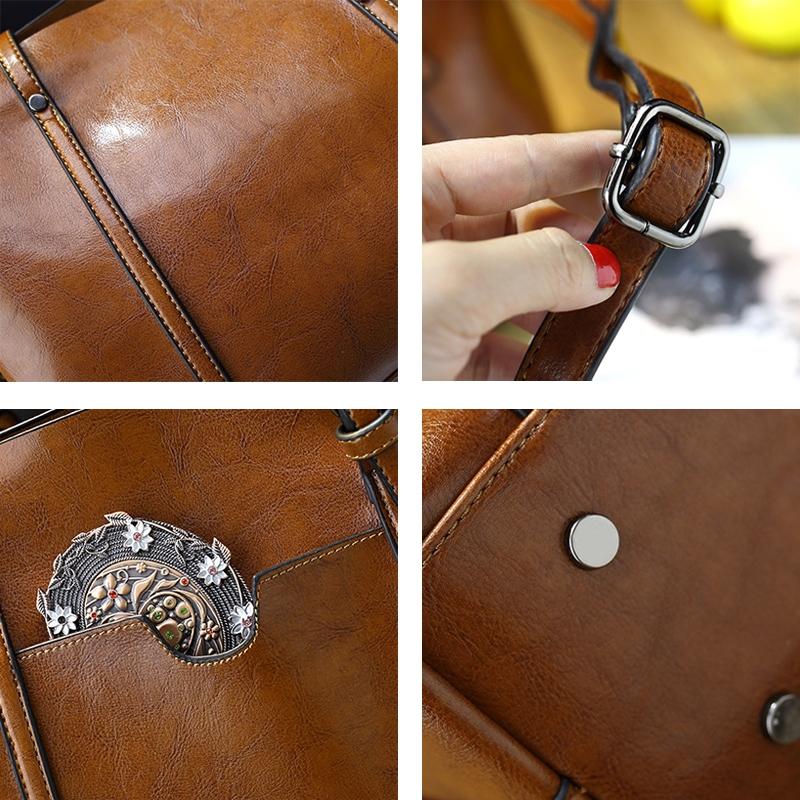 Stylish All-match Leather Handbag - Wax Finish - Black
