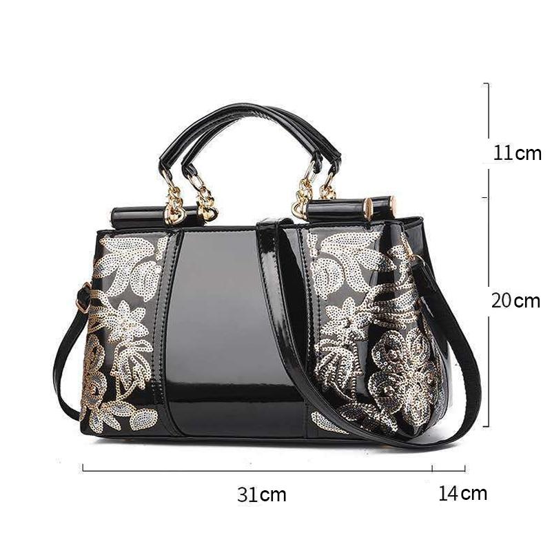 Shiny Leather Handbag with Single-sided Embroidery - Red Wine