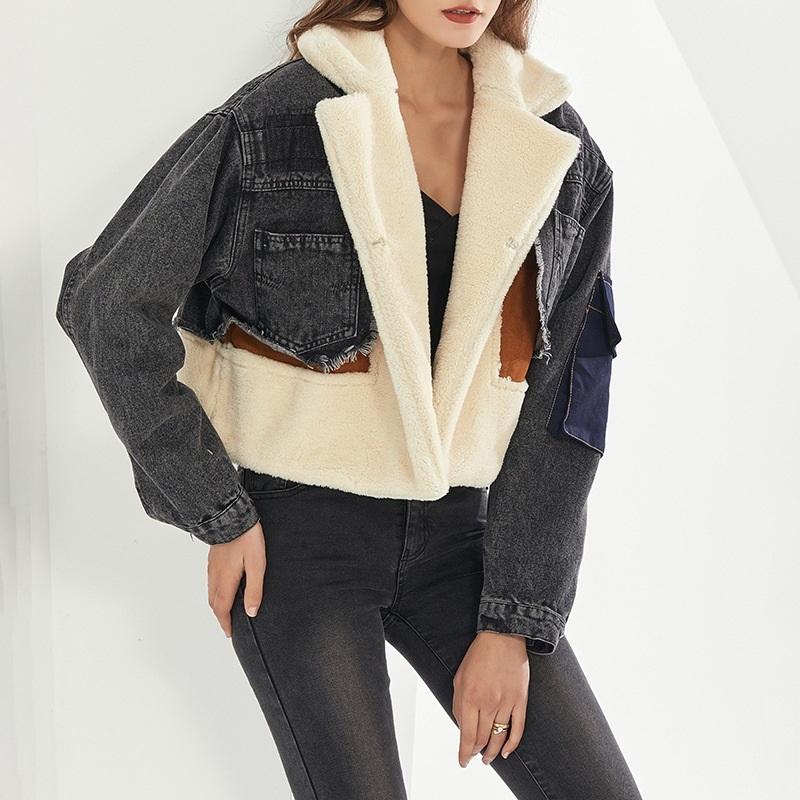 Plush Thick Denim Stitching Lamb Fur Lapel Cotton Jacket - Black Xxl