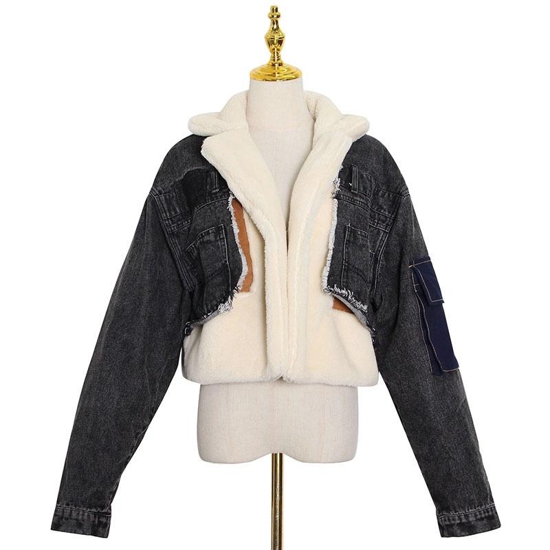 Plush Thick Denim Stitching Lamb Fur Lapel Cotton Jacket - Black Xxl