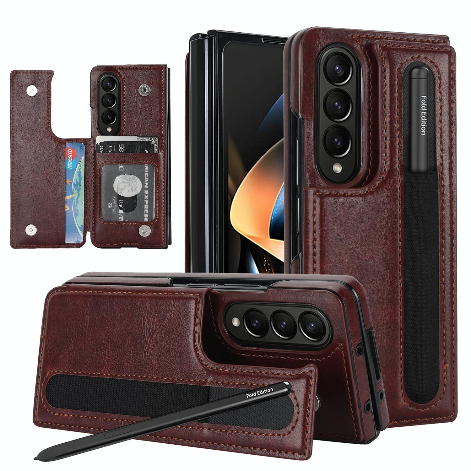 For Samsung Galaxy Z Fold4 5G Double Buckle Foldable Phone Case With Pen Slot - Brown