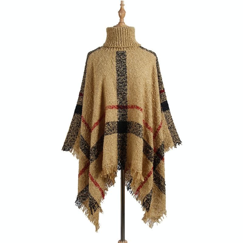 Women Mid-Length Turtleneck Sweater Fringed Cloak Shawl - Size Free Size - Khaki