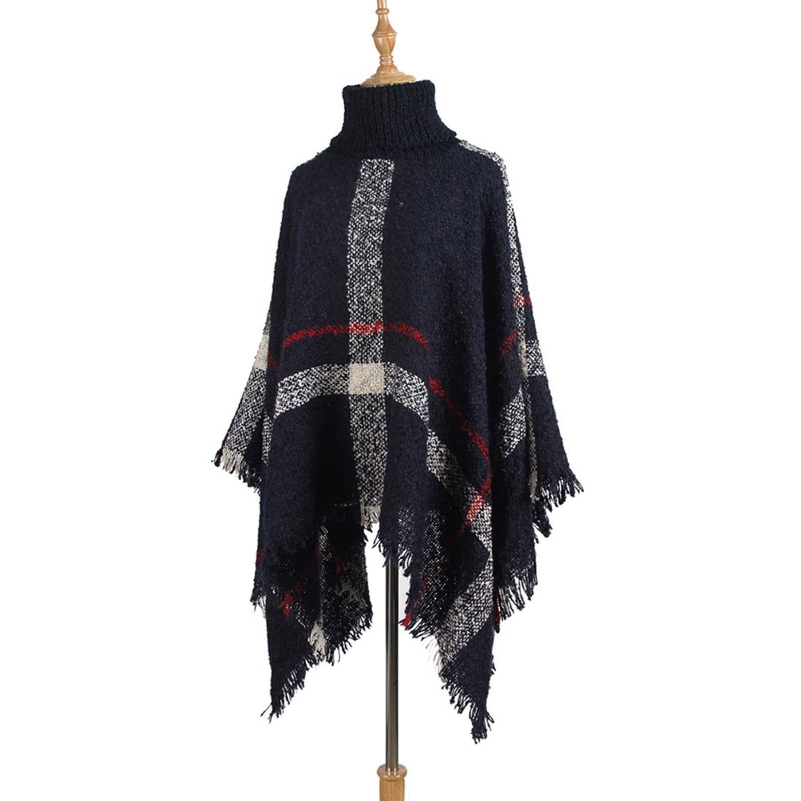 Women Mid-Length Turtleneck Sweater Fringed Cloak Shawl - Size Free Size - Khaki