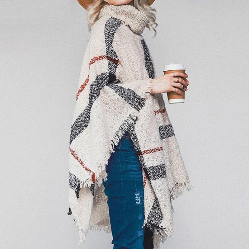 Women Mid-Length Turtleneck Sweater Fringed Cloak Shawl - Size Free Size - Khaki