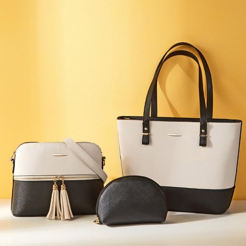 Large Capacity Fashion Handbag with Diagonal Design and Letter Detail - Purple Black