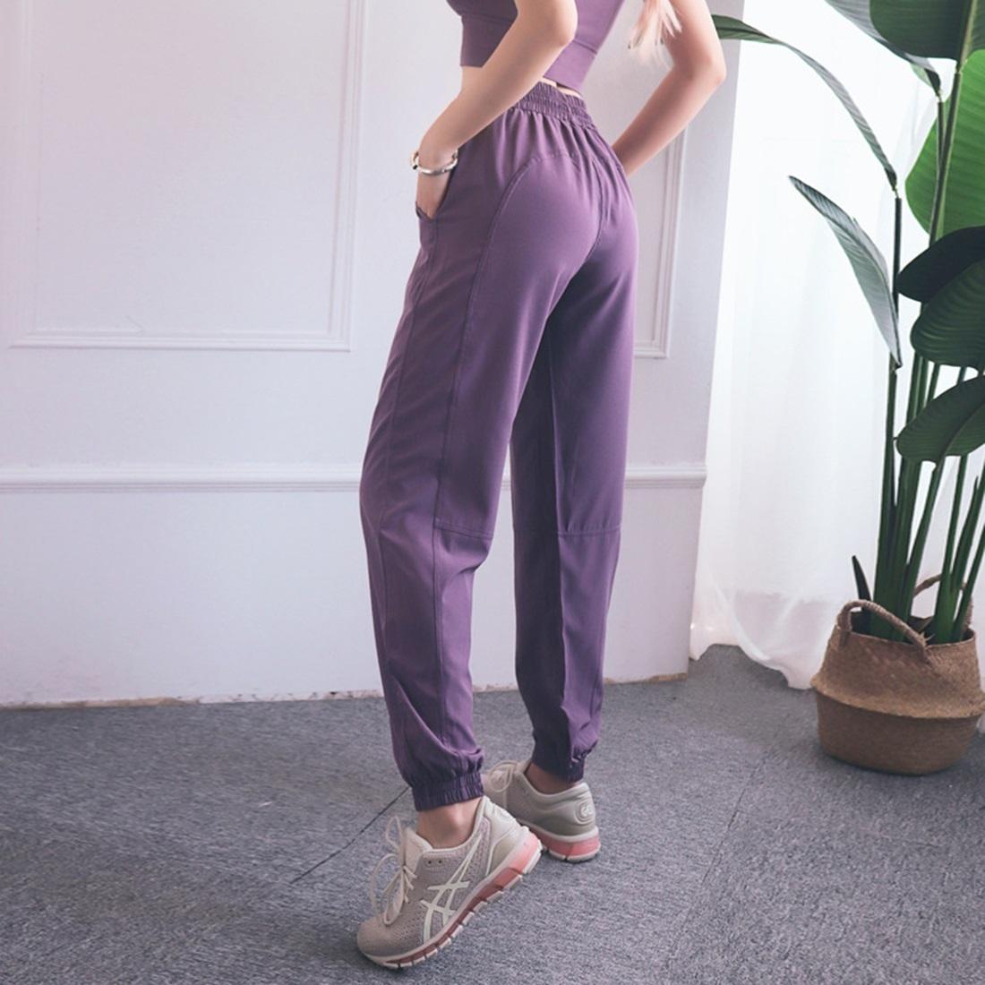 High Waist Drawstring Fitness Pants Black Size L - Smoke Purple Xl