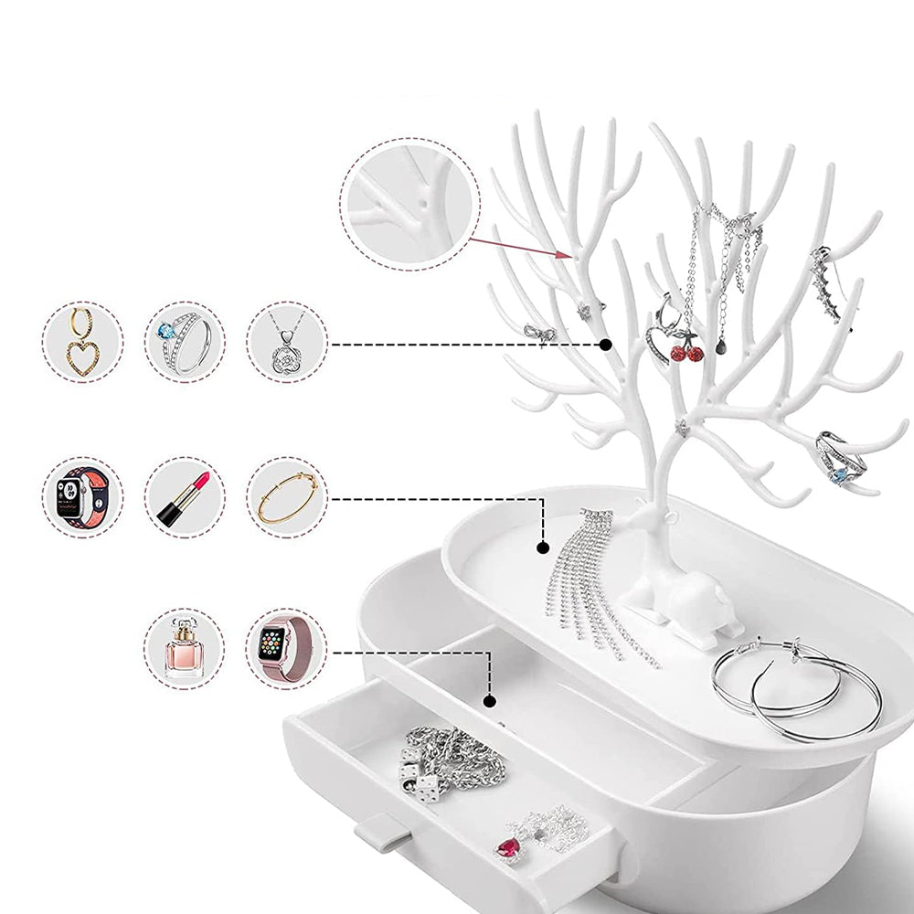 Vibe Geeks Antlers Tree Tower Jewelry Display Stand for Ring Earrings Necklace Bracelet - White Drawer Model