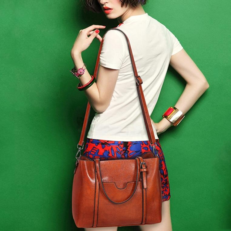 Stylish All-match Leather Handbag - Wax Finish - Pink