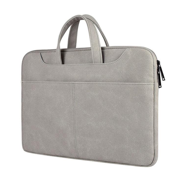 Waterproof Portable One-shoulder Handbag for 14.1 Laptops with Magic Stick & Suitcase Belt - Pu Leather Zipper Hidden Strap - Light Grey