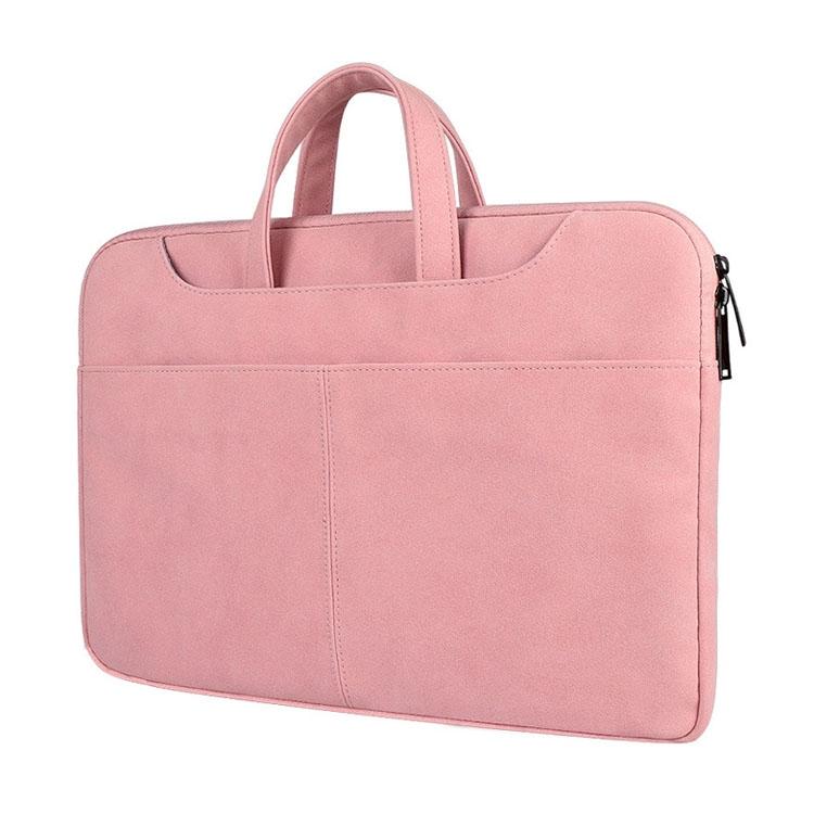 Waterproof Portable One-shoulder Handbag for 14.1 Laptops with Magic Stick & Suitcase Belt - Pu Leather Zipper Hidden Strap - Light Grey
