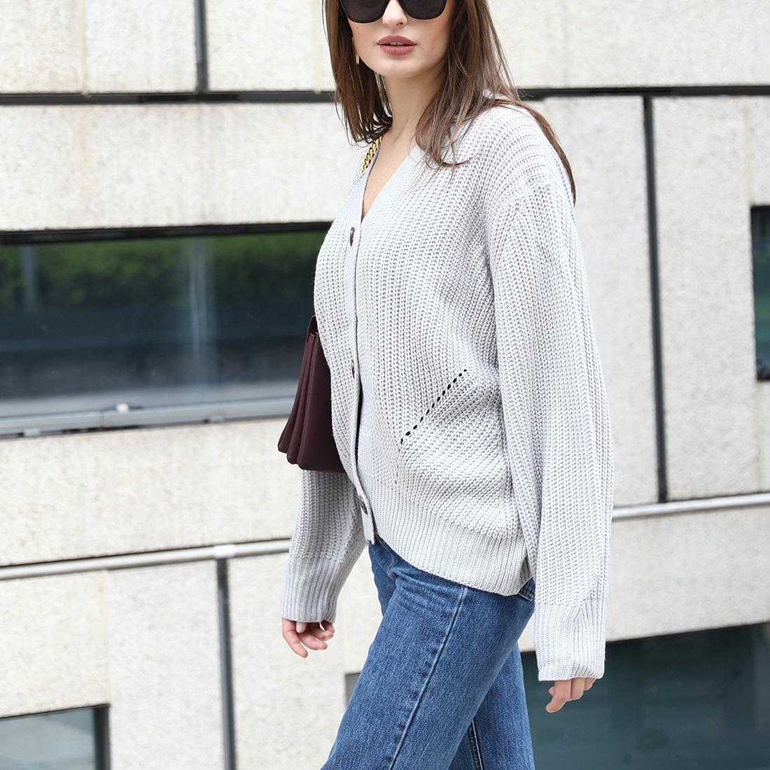 Fashion Cardigan Solid Colour Knit Button Sweater Black - White S