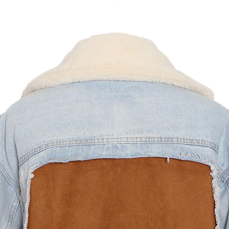 Plush Thick Denim Stitching Lamb Fur Lapel Cotton Jacket - Blue Xl