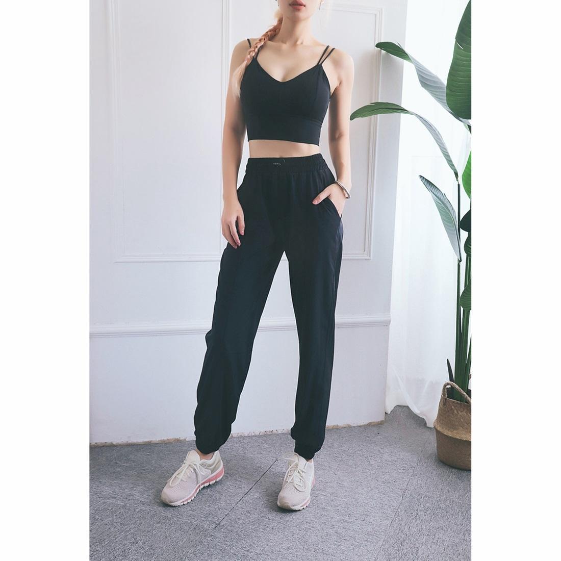 High Waist Drawstring Fitness Pants Black Size L - Quicksand Powder M