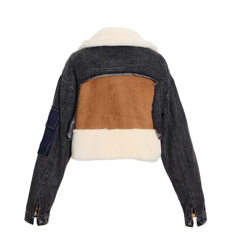 Plush Thick Denim Stitching Lamb Fur Lapel Cotton Jacket - Blue Xxl