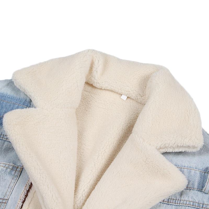 Plush Thick Denim Stitching Lamb Fur Lapel Cotton Jacket - Blue Xxl