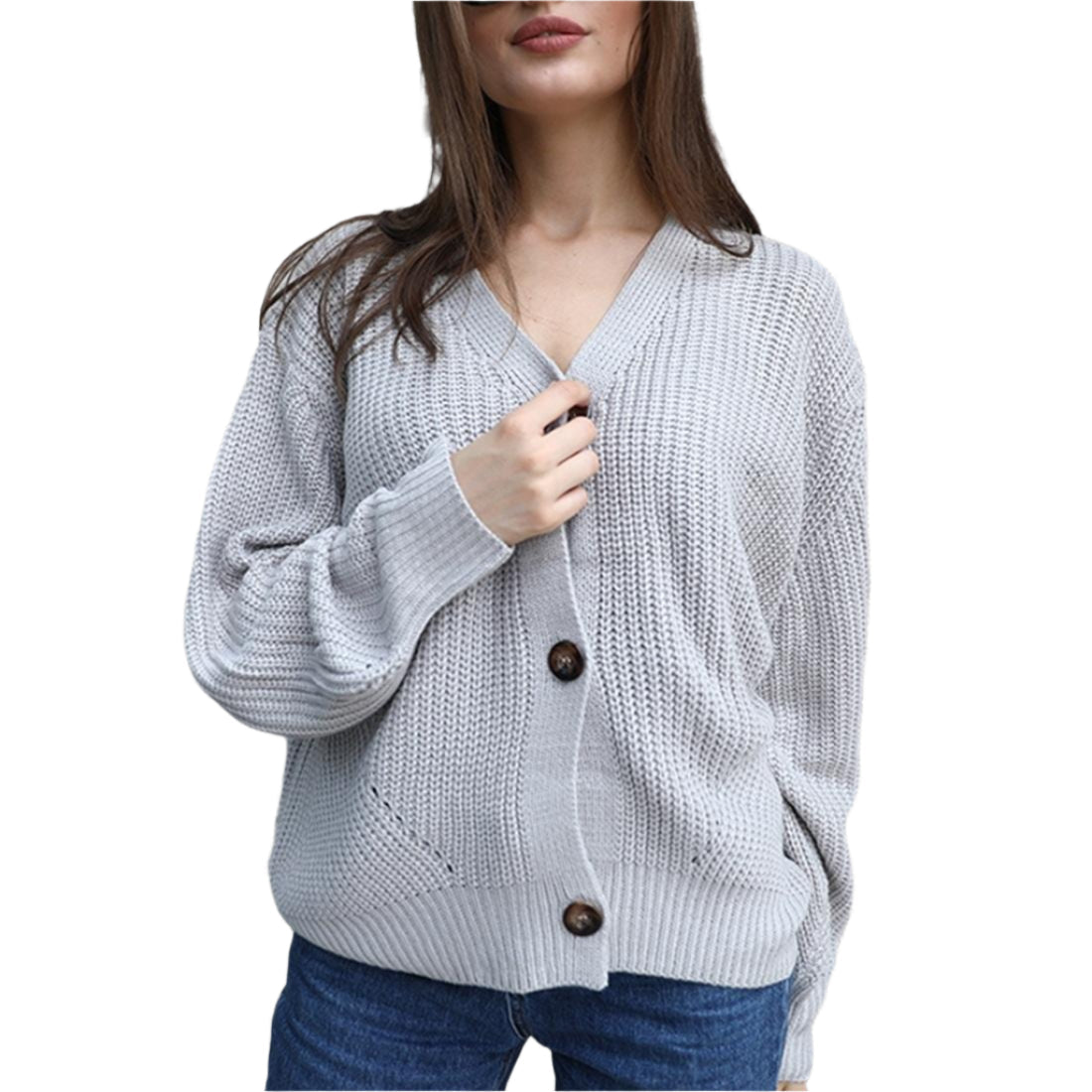 Fashion Cardigan Solid Colour Knit Button Sweater Black - White L