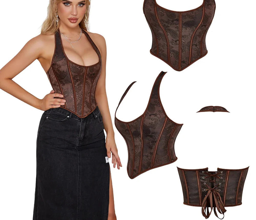 Steampunk Chest Binder Bustier Halter Corset Top For Women Plus Size Retro Corselet - 767 Black - M