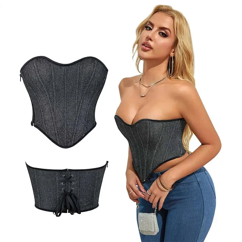 Gray Gothic Punk Crop Top Women Lacing Bandage Bustier With Zipper Plus Size S-Xxl - S