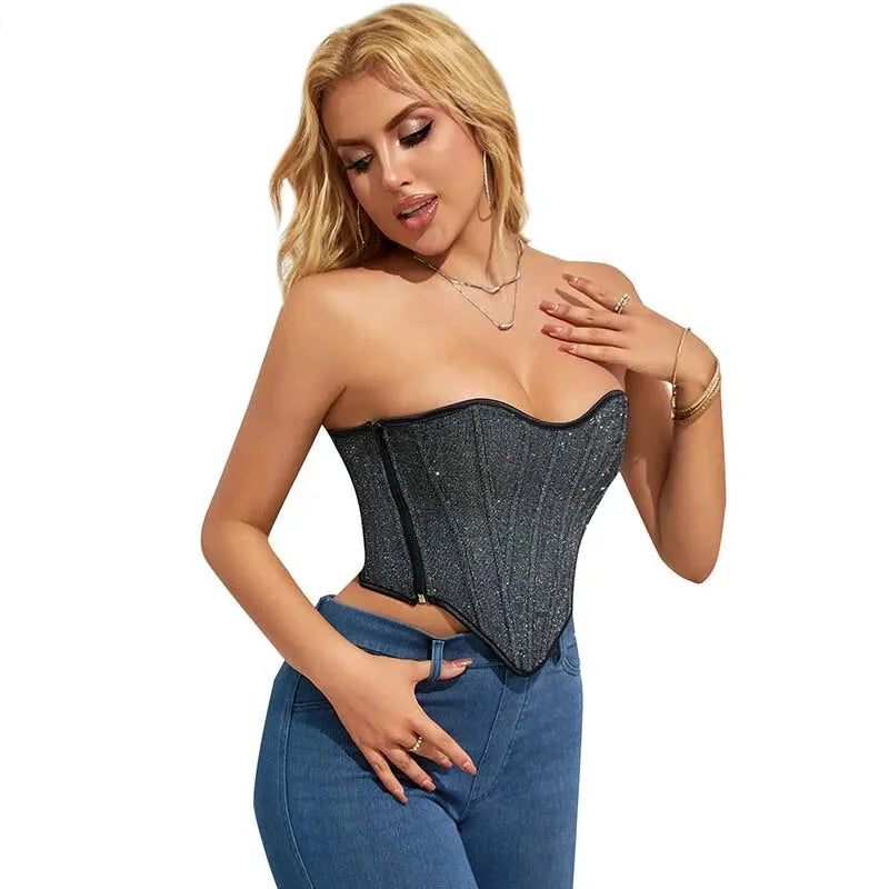 Gray Gothic Punk Crop Top Women Lacing Bandage Bustier With Zipper Plus Size S-Xxl - L