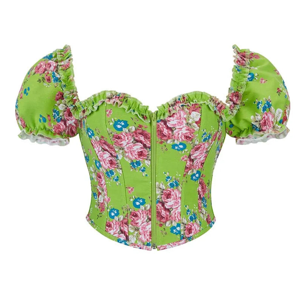 Vintage Floral Crop Top With Puff Sleeves Black / Pink / Green Denim Jeans Fabric Zip Up Corset For Women - Green - M