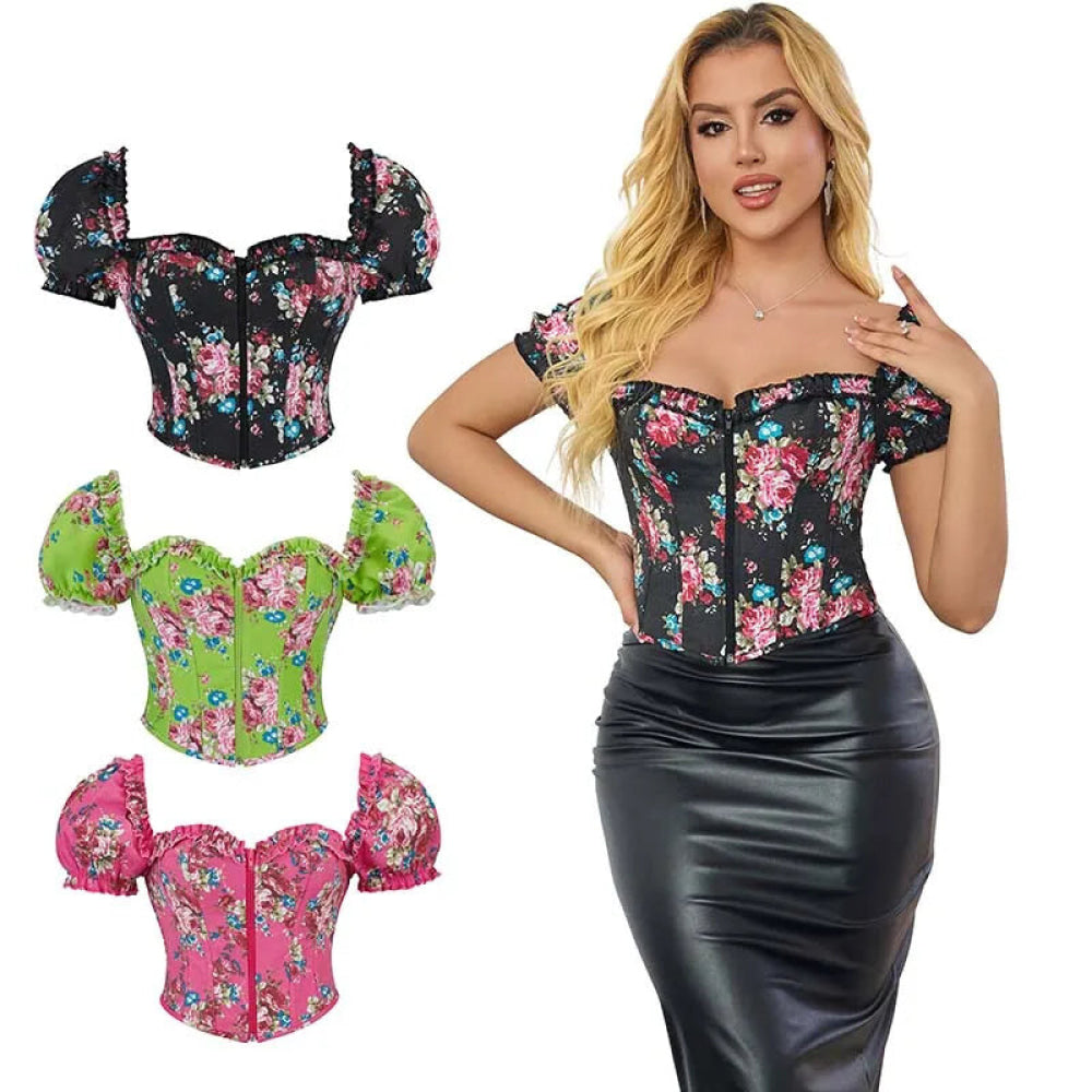 Vintage Floral Crop Top With Puff Sleeves Black / Pink / Green Denim Jeans Fabric Zip Up Corset For Women - Rose Pink - L