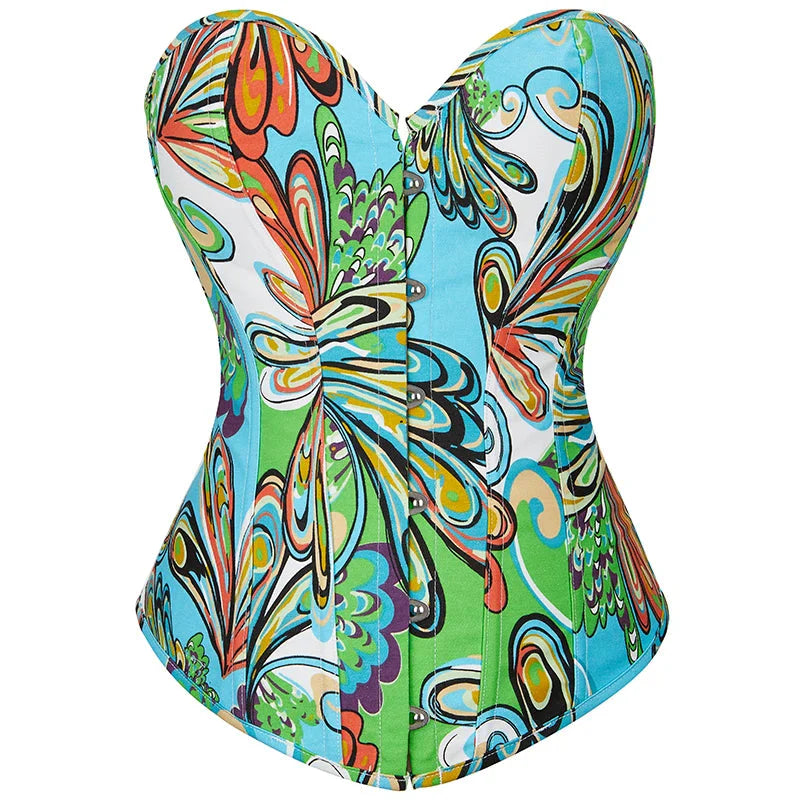 Green Bustier Corset Top With Thong Front 6 Busk Back Lace Plus Size Alluring Lingerie For Busty Women - Green - L