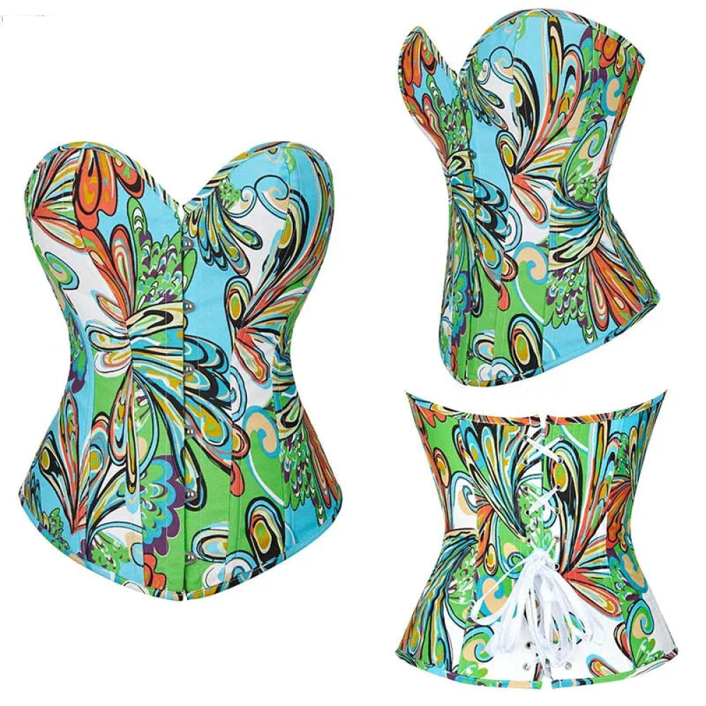 Green Bustier Corset Top With Thong Front 6 Busk Back Lace Plus Size Alluring Lingerie For Busty Women - Red - M