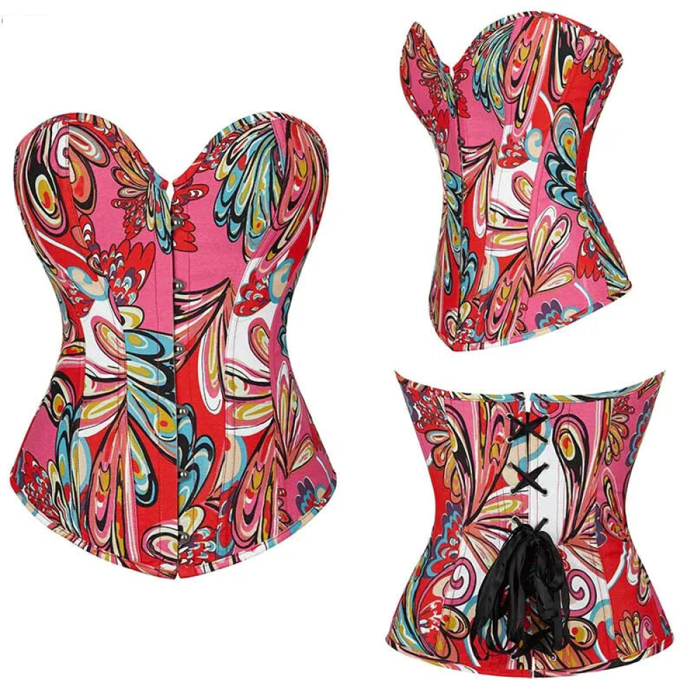 Green Bustier Corset Top With Thong Front 6 Busk Back Lace Plus Size Alluring Lingerie For Busty Women - Red - M