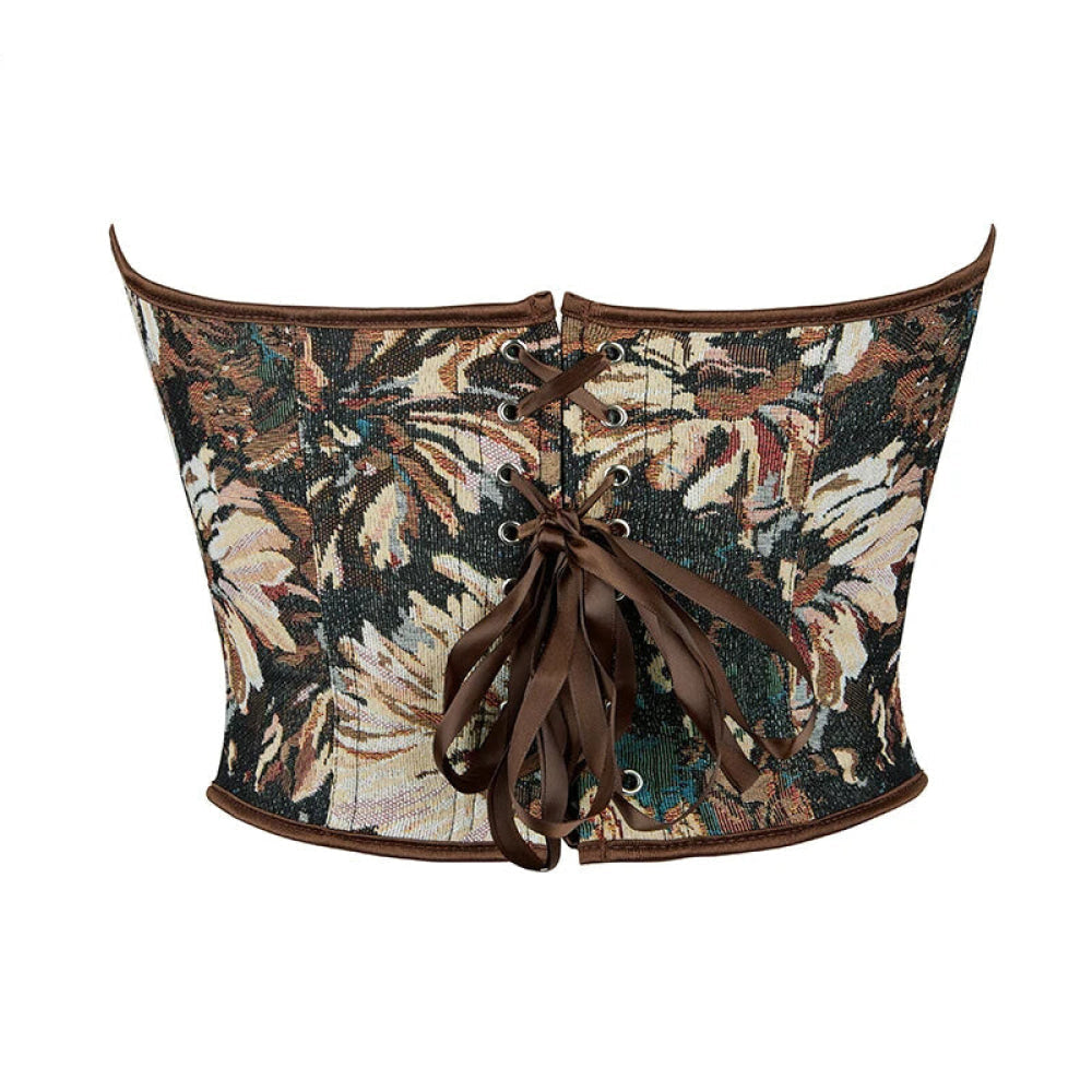 Floral Print Renaissance Corset 12 Plastic Bones Front 5 Busk Closure Plus Size - Blue 502 - Xxxl