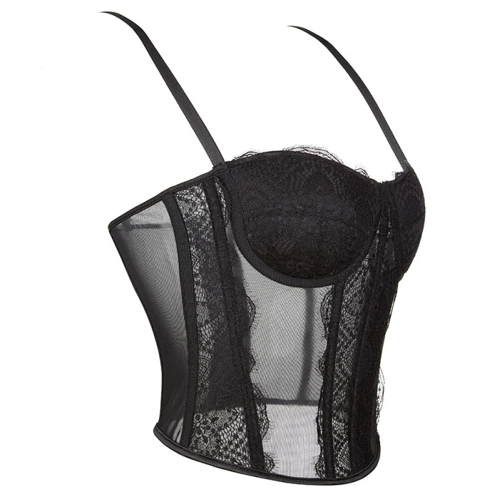 Mesh Lace Plus Size Corset With Spaghetti Straps & G-String 9 Plastic Bones Hook Adjust S-Xxxl - S