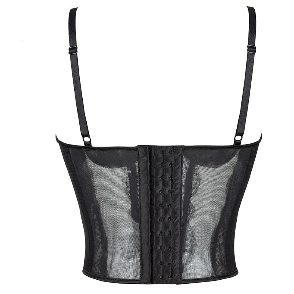 Mesh Lace Plus Size Corset With Spaghetti Straps & G-String 9 Plastic Bones Hook Adjust S-Xxxl - S
