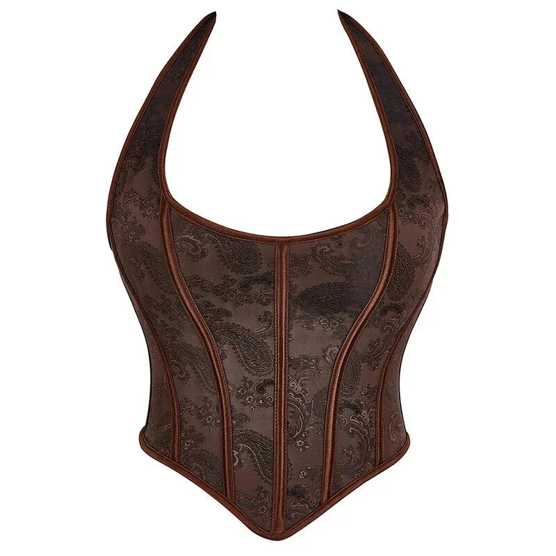 Fish Bone Jacquard Deep V-Neck Corset Crop Top With Halter Neck Plus Size - 6Xl
