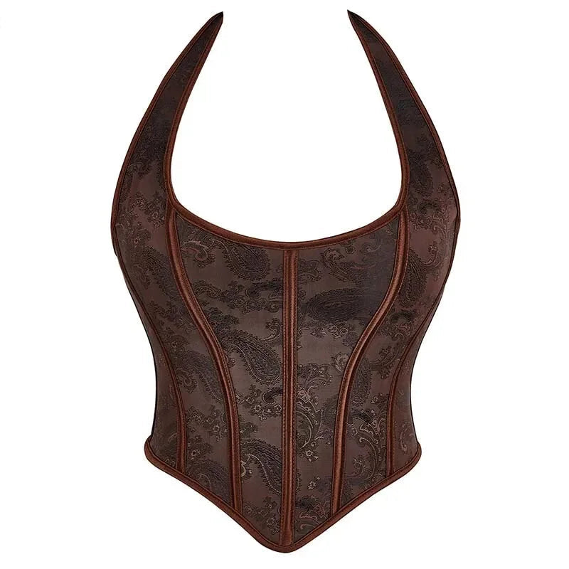 Fish Bone Jacquard Deep V-Neck Corset Crop Top With Halter Neck Plus Size - 6Xl