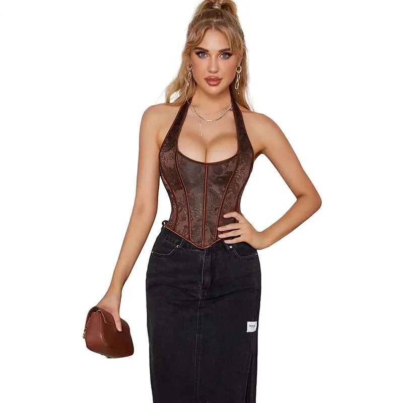 Fish Bone Jacquard Deep V-Neck Corset Crop Top With Halter Neck Plus Size - 6Xl