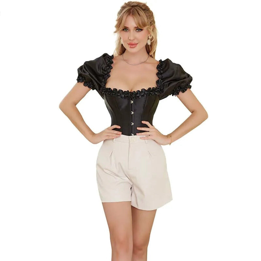 Black Lace-Up Ruffled Corset Bustier Plus Size S-6Xl - 5Xl