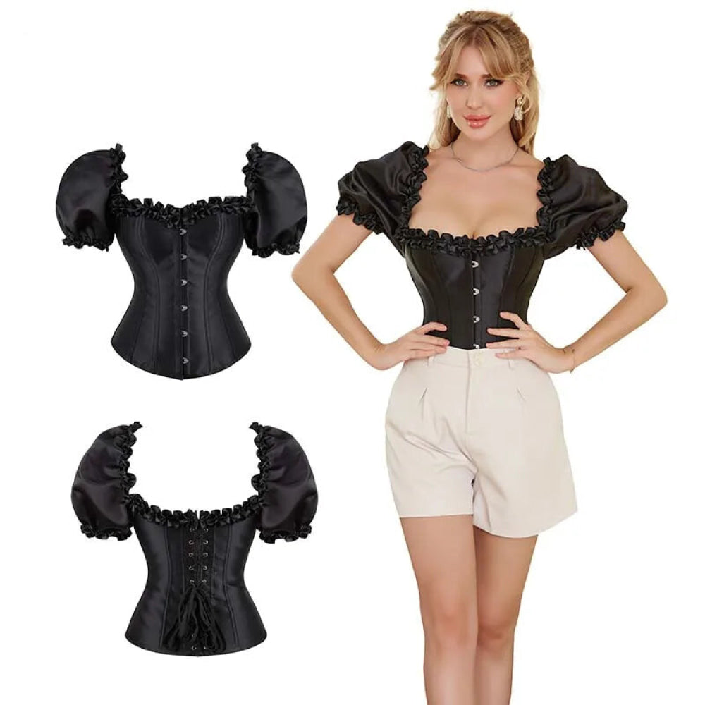 Black Lace-Up Ruffled Corset Bustier Plus Size S-6Xl - Xl