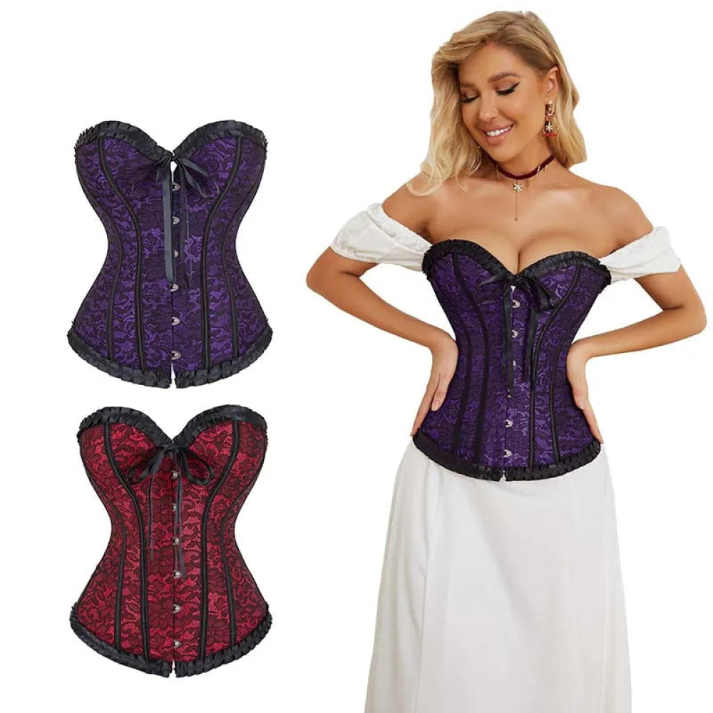 Vintage Floral Lace Up Overbust Corset For Mature Women Sizes Xs-6Xl - Red - M